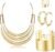 JOERICA Bib Choker Necklace Silver Gold Jewelry Set Wide Cuff Bangle Bracelet Open Hoop Earrings Adjustable Ring Chunky Silver Gold Statement Costume Jewelry Set for Women
