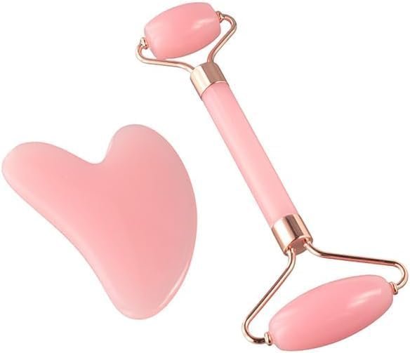 2Pcs Pink Manual Jade Roller and Gua Sha Set, Resin Facial Massage Tools for Face Eye Neck, Natural Beauty Skin Care Tools for Men Women, Pink Facial Roller Set