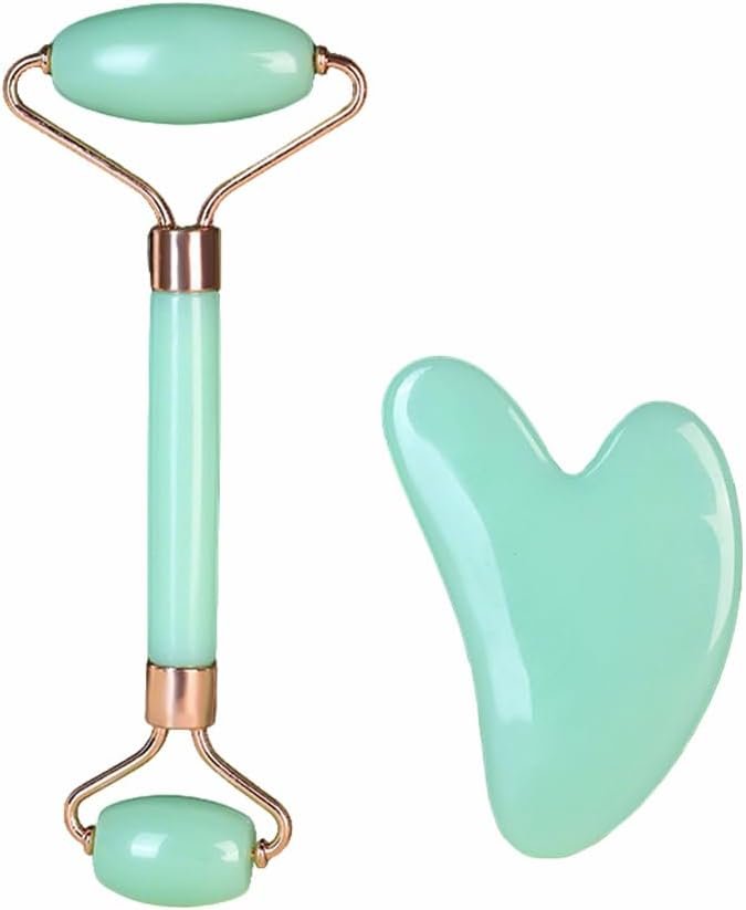 Resin Gua Sha and Face Roller Set, Dual-Action Facial Massage Tools for Skin Relaxation, Self-Care and Wellness Gift Set for Women (Green)