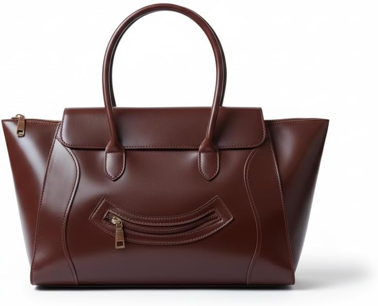 Luxury Women’s Tote Handbag, Burgundy Leather, Large Capacity Shoulder Bag with Front Zip Pocket, Designer Style