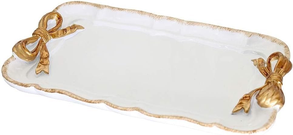 Warmtree Vintage Jewelry Organizer, Decorative Tray for Jewelry, Towel, Storage, Rings, Bracelets, Earrings, Cosmetics, Retro Design, Bow Decor Resin Plate Coquette for Room Decor, White