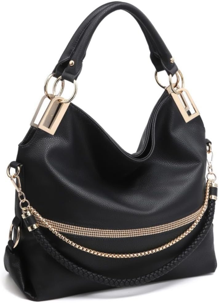 Dasein Women’s Large Hobo Bag with Rhinestone Accents Vegan Leather Tote Purse Shoulder Handbag for Ladies