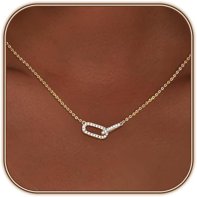 HERIER Diamond Pendant Necklace for Women, Dainty Gold Necklace 14k Gold Plated Paperclip Choker Necklaces Cute Open Oval Necklaces Simple Gold Necklace Jewelry Gifts for Women Trendy