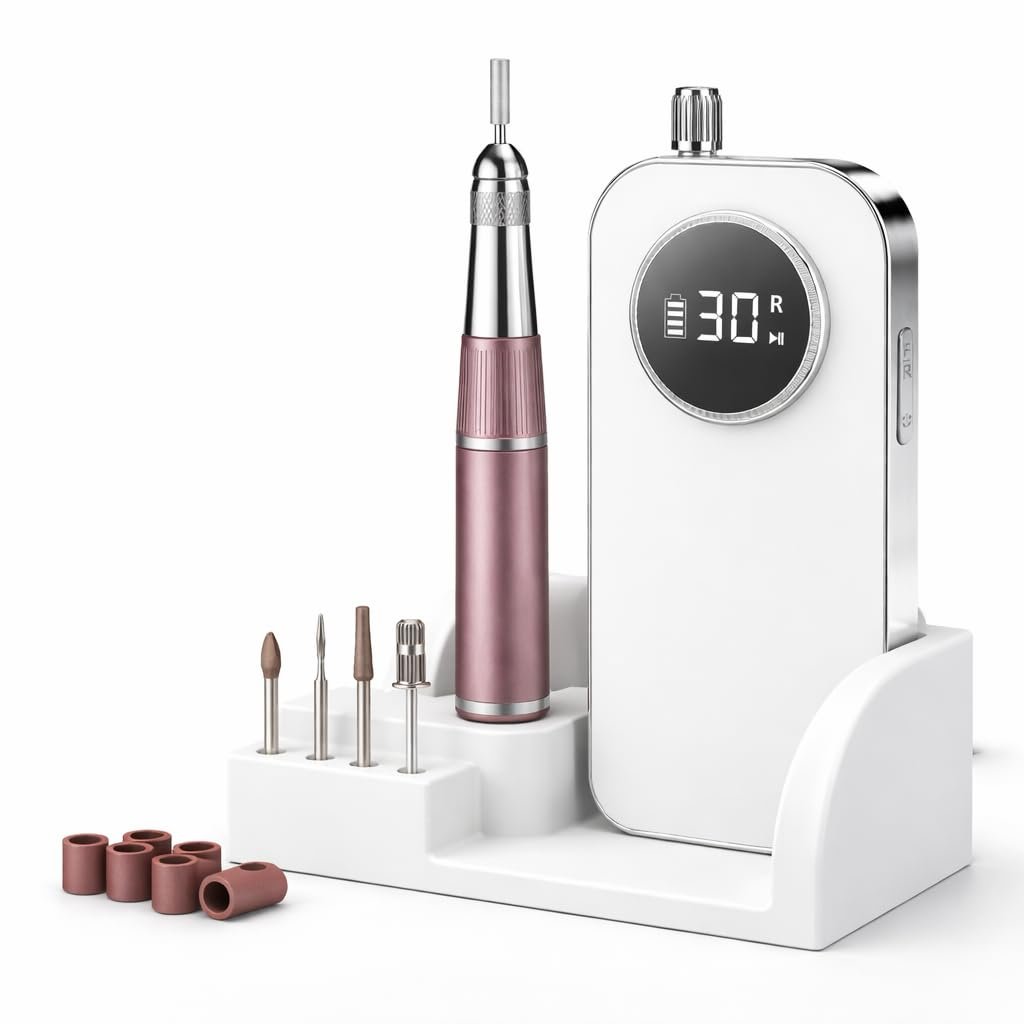 45000 RPM Nail Drill – Brushless Cordless Efile LCD Display & Heat Reduction Tech for Acrylic Gel Nails (White)