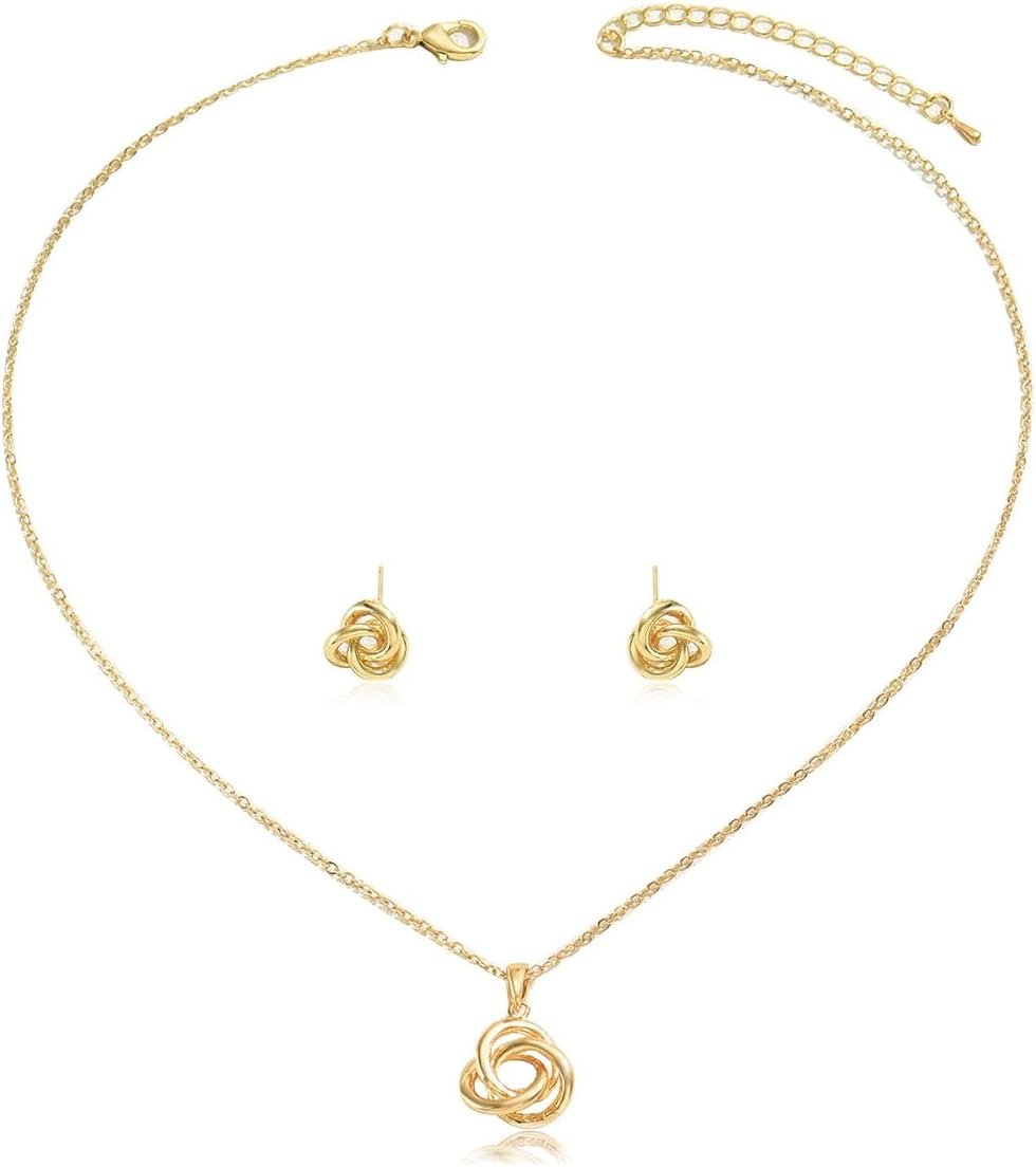 Hebelee Minimalist Love Knot Stud Earrings and Necklace Jewelry Set for Women Gold-Toned Simple Circle Knot Pendant Necklaces Adjustable Link Chain Dainty Studs Earring for Wedding Anniversary