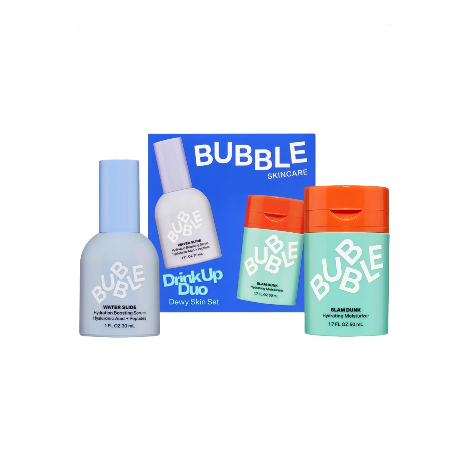 Bubble Skincare Drink Up Duo Dewy Skin Care Set – Travel Size Gift Set Includes Water Slide Hyaluronic Acid Serum & Slam Dunk Face Moisturizer – Promotes Healthy, Hydrated Skin (2 Count)