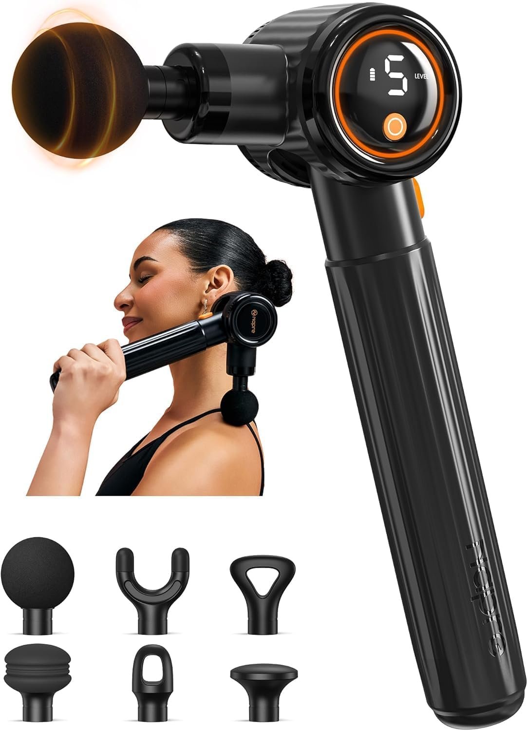 NAPRE Massage Gun with Extension Handle and 3 Adjustable Angles,Deep Tissue Back Massage for Neck/Shoulders/Waist/Legs/Body Pain Relief,Handheld Percussion Muscle Massager with Portable Case,Black