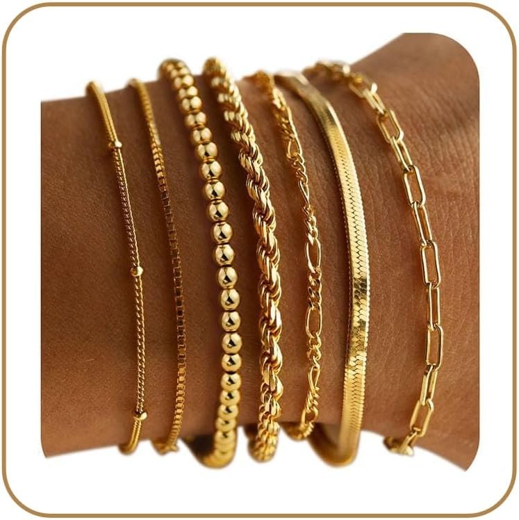 M MOOHAM 7PCS Gold Bracelets for Women – 14K Real Gold Plated Beaded Bracelets Set Rope Paperclip Chain Stackable Bracelet Non Tarnish, Friendship Birthday Jewelry Gifts for Women Teen