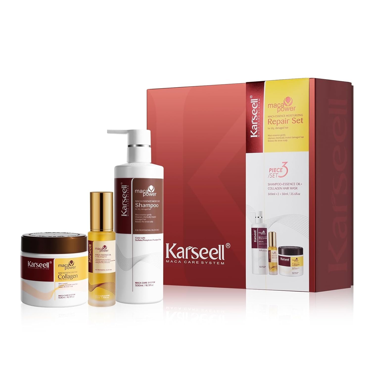 Karseell Collagen Hair Treatment Set, Deep Repair Collagen Hair Mask Shampoo and Argan Oil for Dry Damaged Hair of All Types – 2 x 16.9floz + 1.69floz