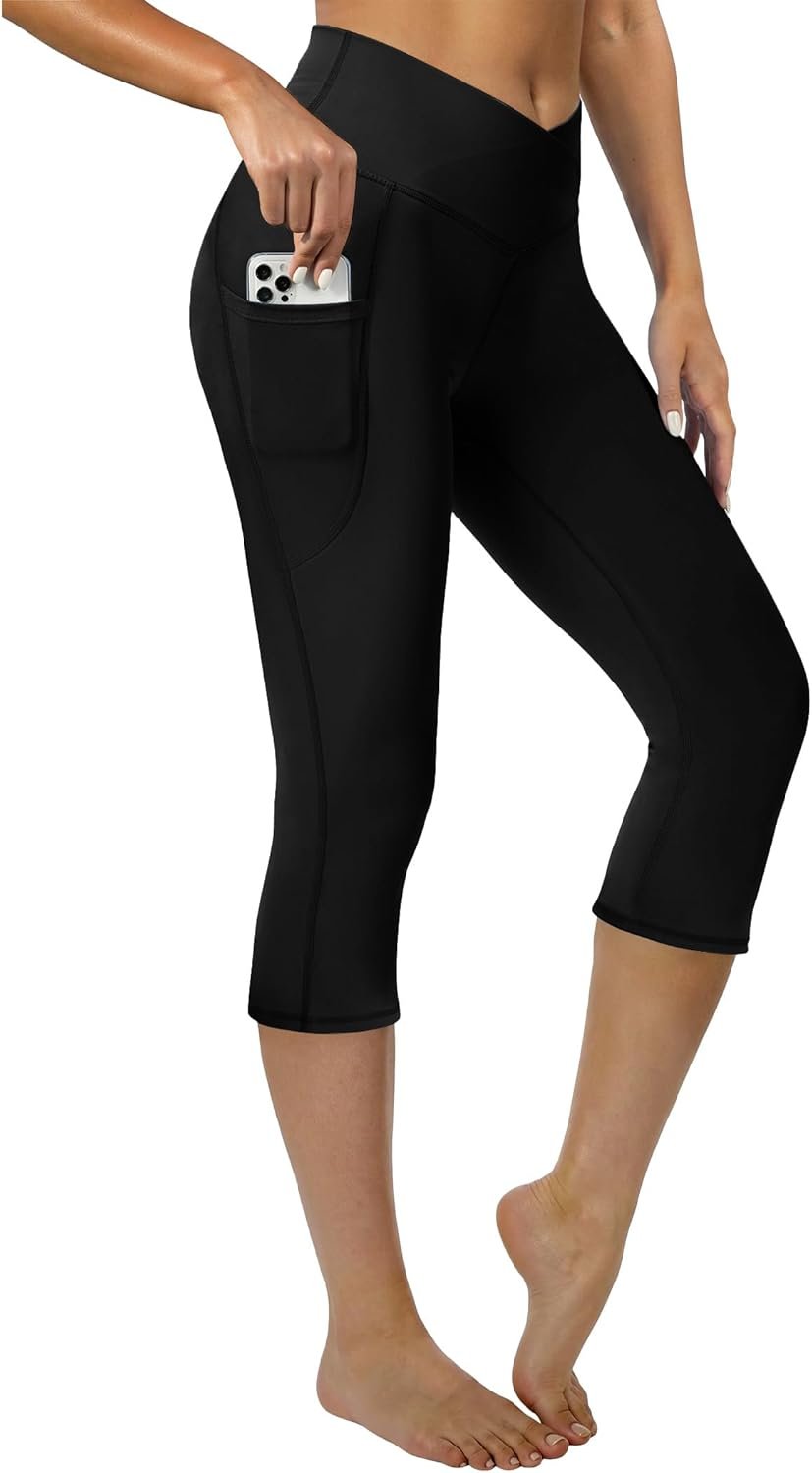 DLOODA Capri Leggings for Women Crossover High Waisted Yoga Pants Workout Leggings with Pockets
