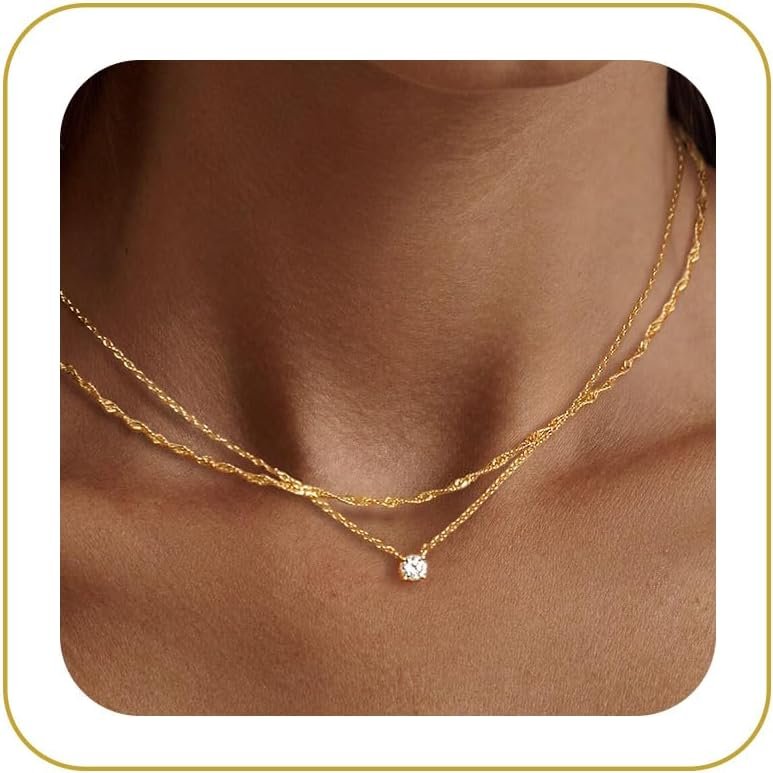 Tewiky Dainty 14k Gold Plated/Silver Cubic Zirconia Necklaces for Women, Simple CZ Jewelry Necklaces Trendy Gifts