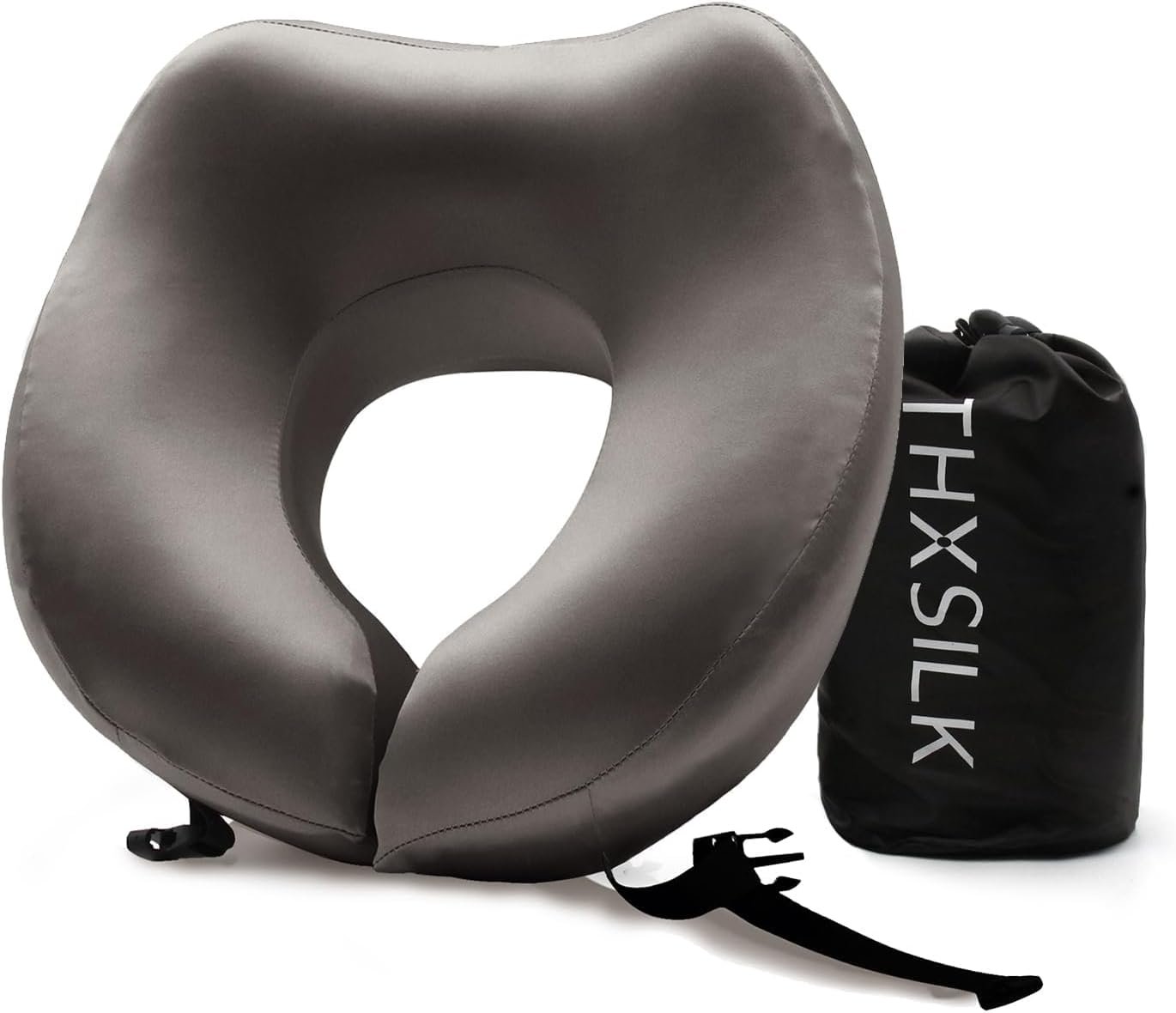 THXSILK 100% Mulberry Silk Neck Pillow for Traveling and Airplane, Memory Foam Travel Pillow for Neck Support on Car and Flight Sleeping with Storage Bag (Charcoal)