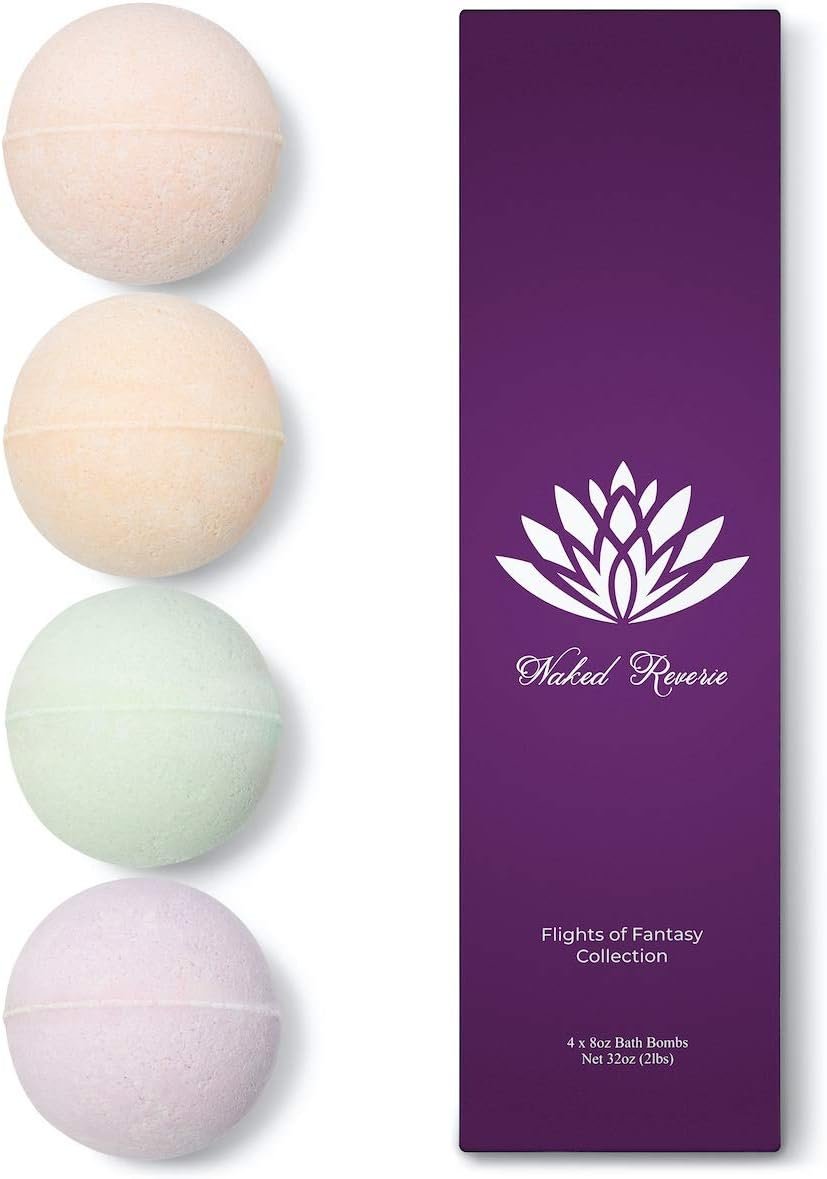 Bath Bomb Gift Set for Women: USA Made All-Natural, Organic Essential Oils, Epsom Salt, and Shea Butter: 4 Extra Large (8 oz) Bath Bombs for Longer Fizz: Safe for Sensitive Skin by Naked Reverie