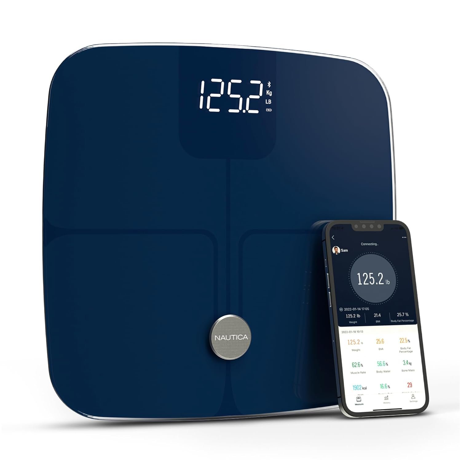 Nautica Smart Scale for Body Weight – BMI, Body Fat, Muscle Mass – 12 Metrics, Bluetooth App, ITO Technology, Hidden LED Display, 440lb Capacity – Body Tracker