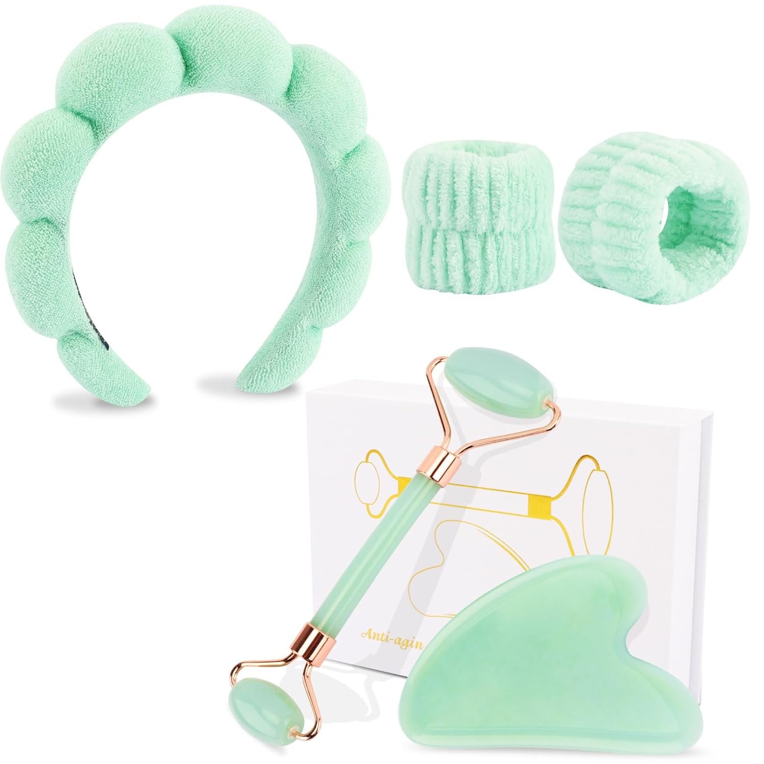 CUBACO Spa Headband and Wristband Set for Women with Ice Jade Roller and Gua Sha, Skin Care Set Tools Puffy Makeup Headband Teen Girl Gifts Trendy Stuff Hair Accessories for Women