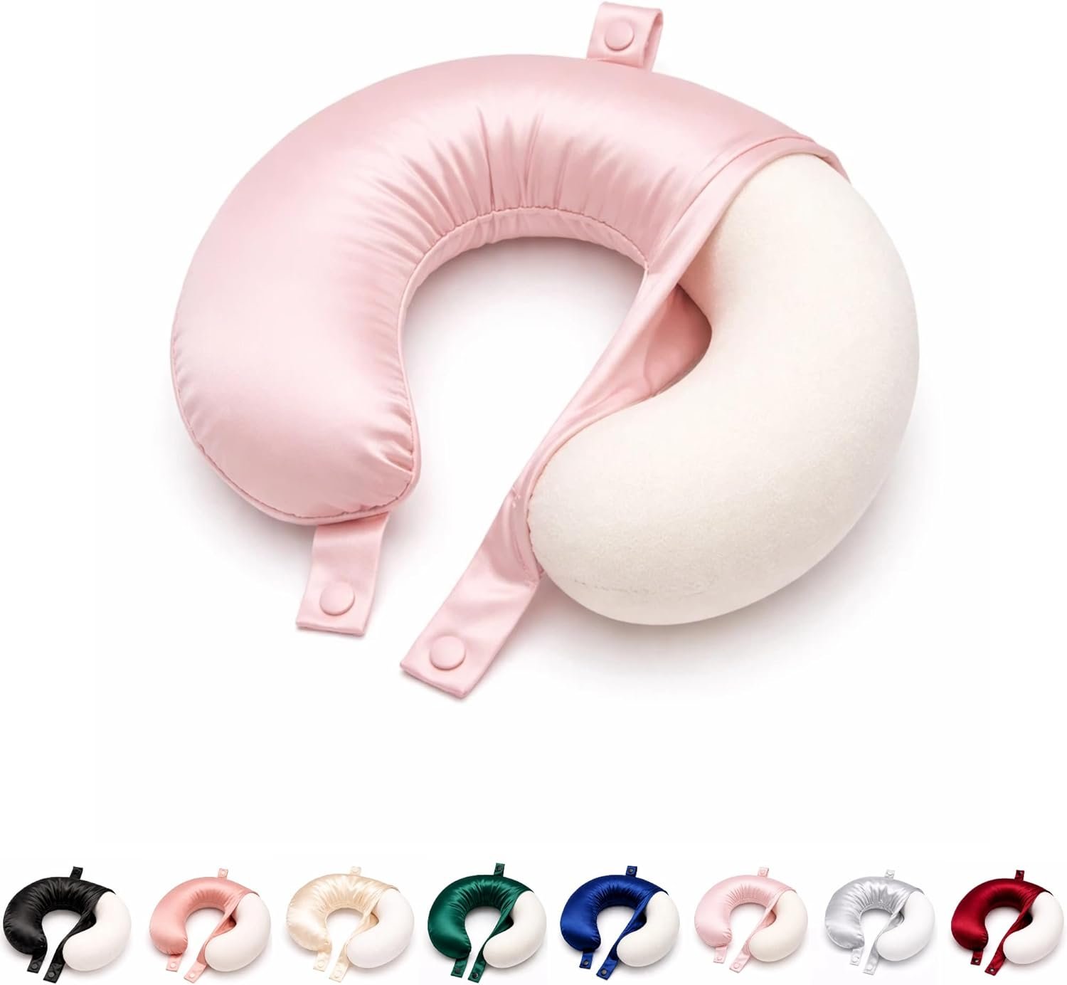 ROSEWARD 100% Mulberry Silk Travel Neck Pillow Case Replacement Cover Only, Highest 6A Grade 22 Momme Silk Travel Neck Pillow Removable Cover, Hypoallergenic, Anti Wrinkle, USA Made (Pink)