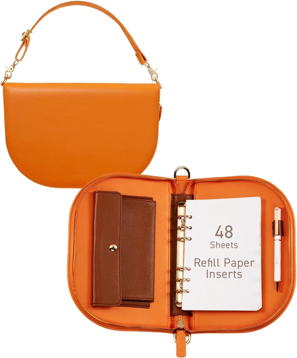 Luna A6 PU Leather Planner 4.9″ x 7.4″, Refillable 6-Ring Binder with 48 Sheets & Elegant Metal Ballpoint Pen – Convertible Shoulder Bag Organizer for Work & Everyday Use