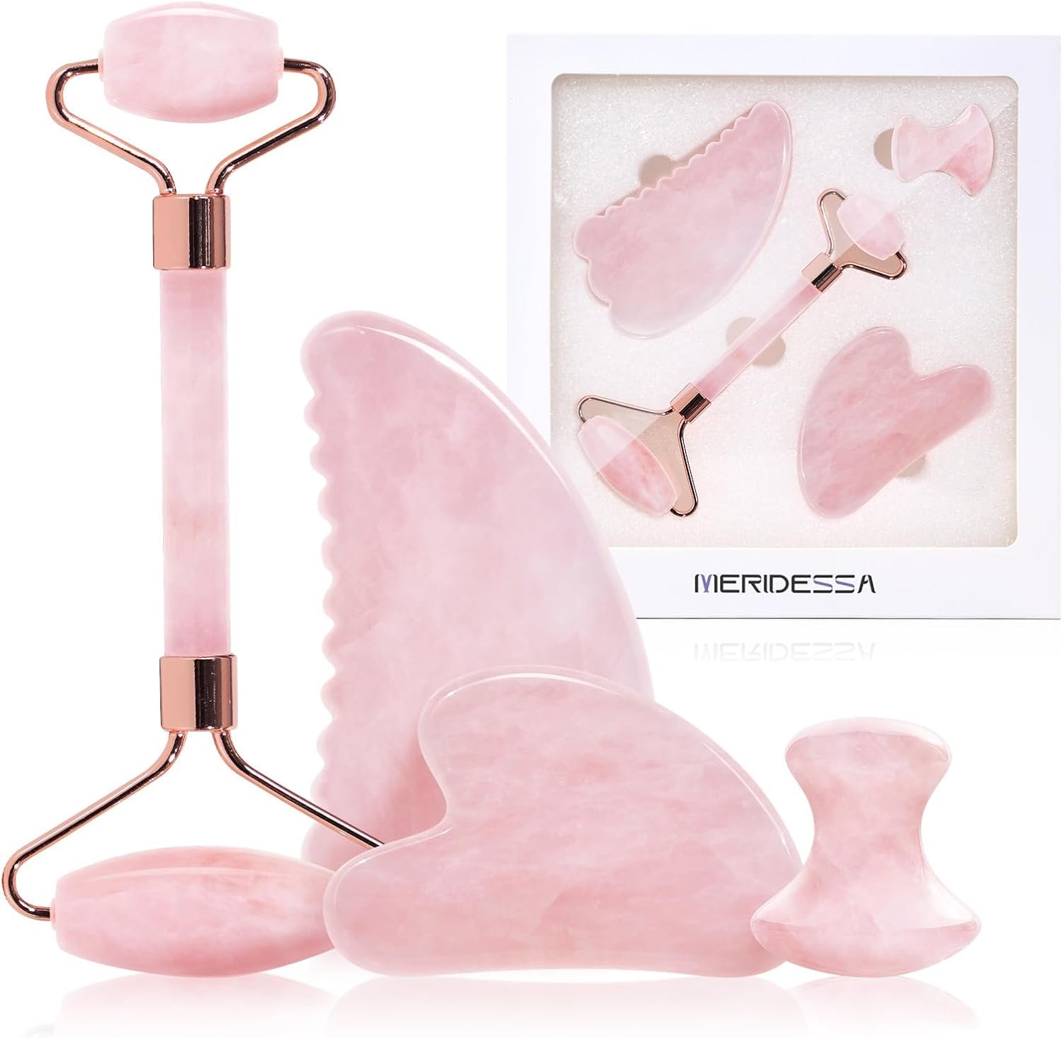 Jade Roller & Gua Sha Set for Face – 4PCS Natural Facial Massage Tools Kit, Lymphatic Drainage Beauty Set for Depuffing, Skin Firming & Relaxation – Self Care & Gift Ready