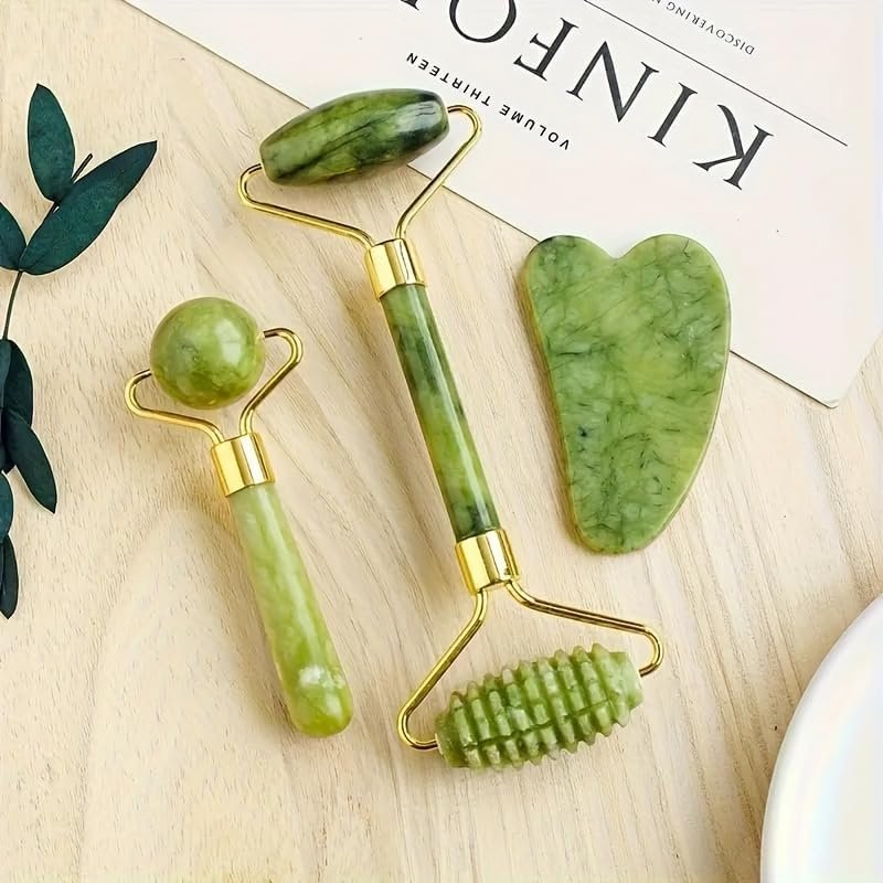 3pcs Jade Roller & Gua Sha Set-Shaped Comb – Fragrance-Free, Manual Beauty Tools for Face, Eye, Neck, Forehead – Gift for Women