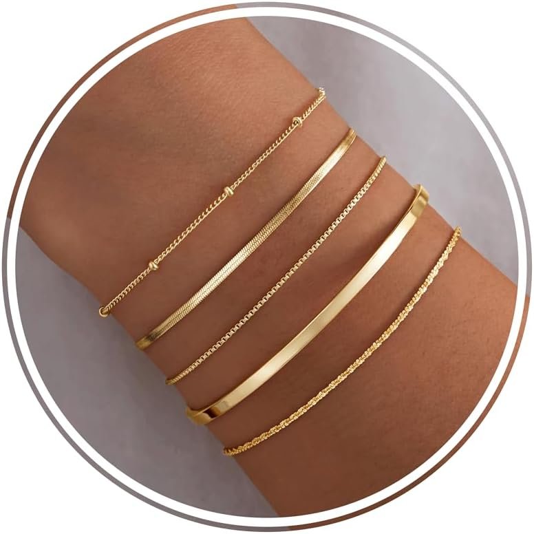 Dainty Gold Bracelet for Women Stack, Thin Bracelets Stackable Set with Bangle Cuff, Box, Herringbone, Paperclip, Figaro, Sparkling Link Chains Waterproof, Simple Jewelry Gifts for Women Non Tarnish