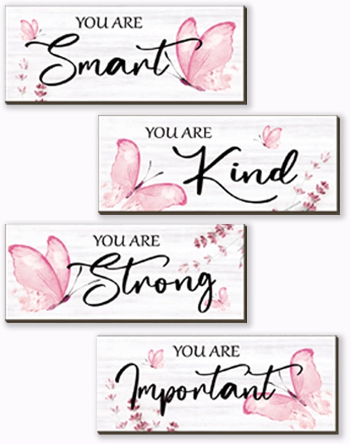 DONFENTHY 4 Pcs Butterfly Wall Decor Pink Room Decor Wooden Positive Butterfly Decor with Inspirational Word Sign for Teen Girls Women Room Bathroom Bedroom Office(Pink,10×4 Inch)