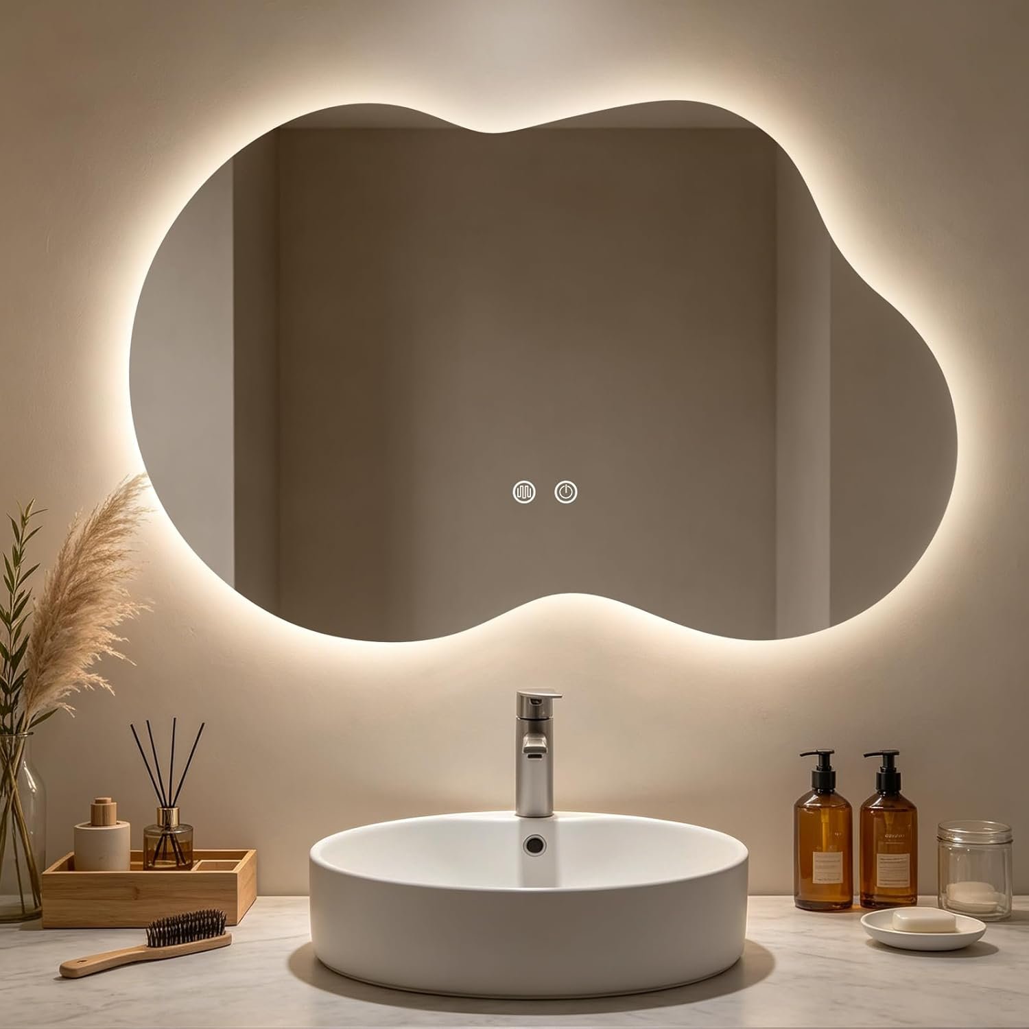 WallBeyond 36″x20″ Irregular LED Vanity Mirror with Backlight, Asymmetrical Bathroom Mirror with Lights for Makeup or Modern Sink Area, Anti-Fog & Dimmable, Horizontal/Vertical Mount