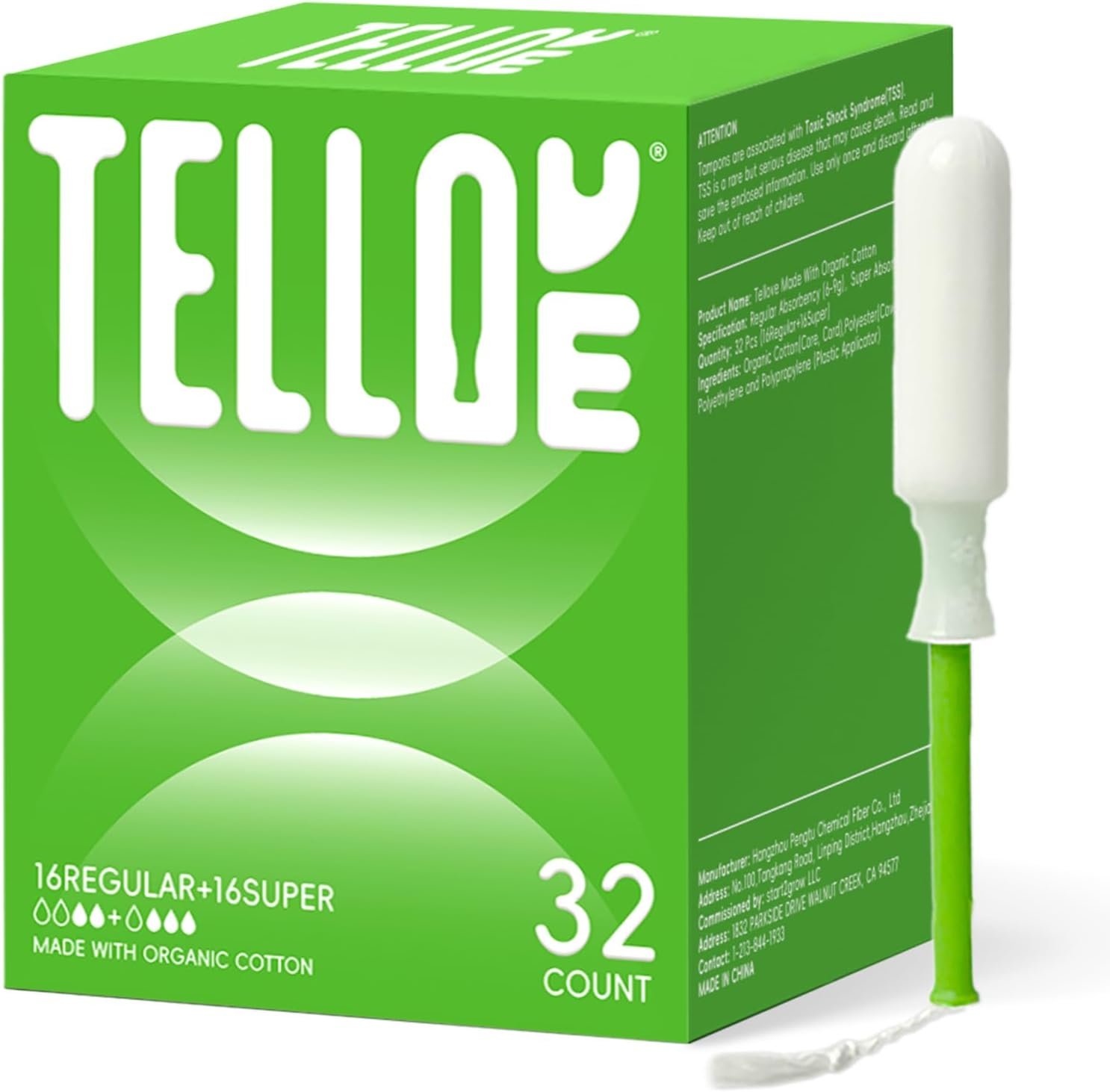 Tellove Tampons with 100% Organic Cotton Core, 32 Count (16 Regular, 16 Super), Featuring 360° Comfort-Expand Leakproof Technology with Comfort BPA-Free Applicator, Gentle on Sensitive Skin