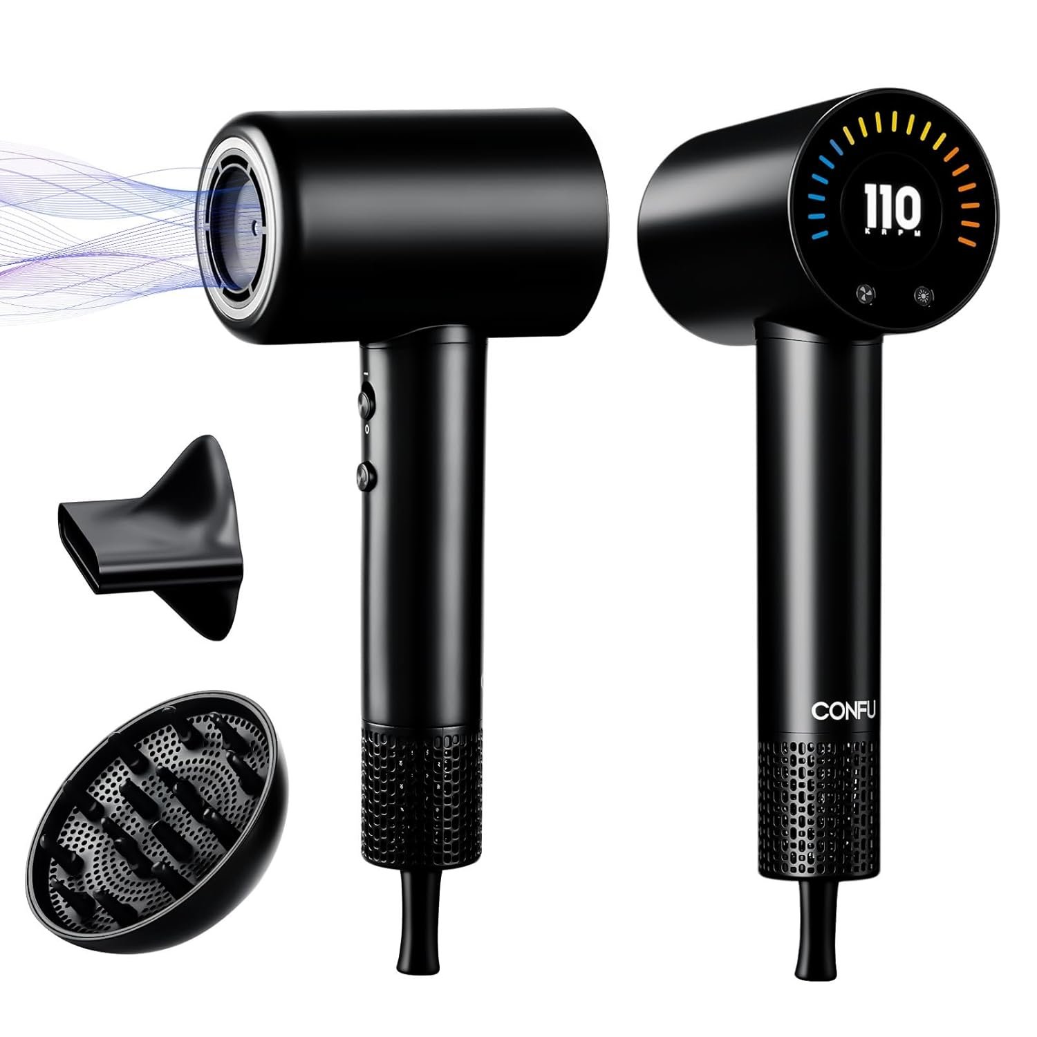 CONFU Hair Dryer, 110000 RPM Fast Drying Blow Dryer with Magnetic Diffuser and Concentrator, Professional Lightweight Ionic Hair Dryer for Women and Men Black