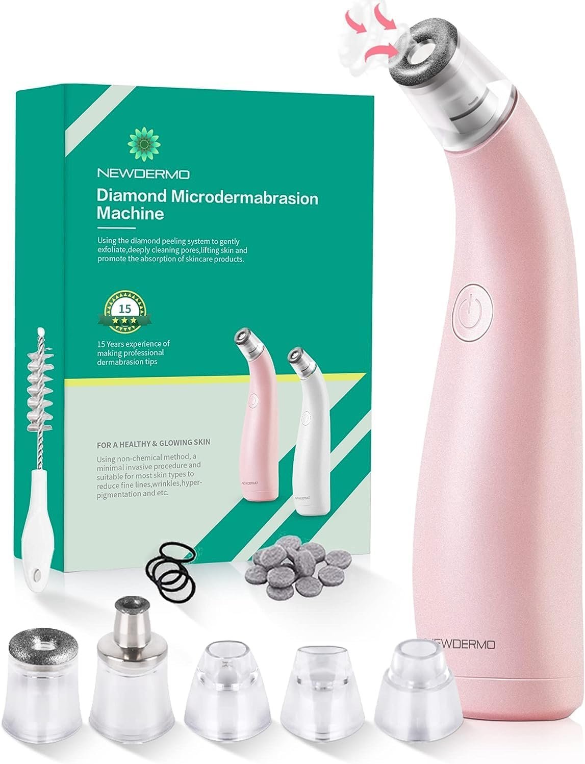 NEWDERMO 2-in-1 Microdermabrasion Machine for Facial, Diamond Microdermabrasion Device USB Rechargeable – Advanced Home Facial Treatment Machine (Pink)