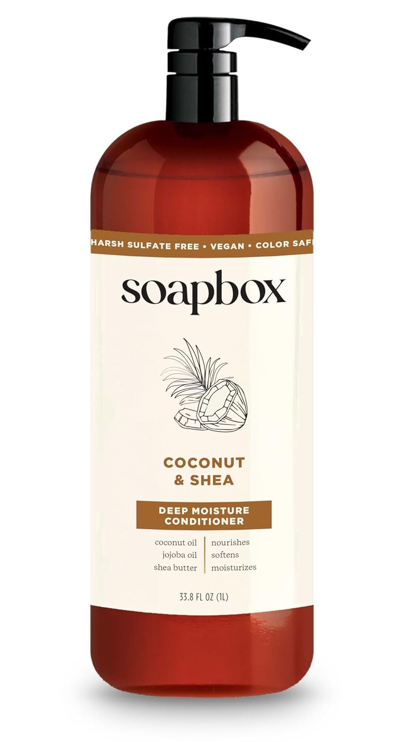 Soapbox Coconut & Shea Conditioner, Leaves Hair Soft, Shiny & Hydrated – Clean Ingredients Free of Harsh Chemicals, Sulfates, Parabens & Silicones – Hydrating Conditioner for Dry Hair, 33.8oz Liter