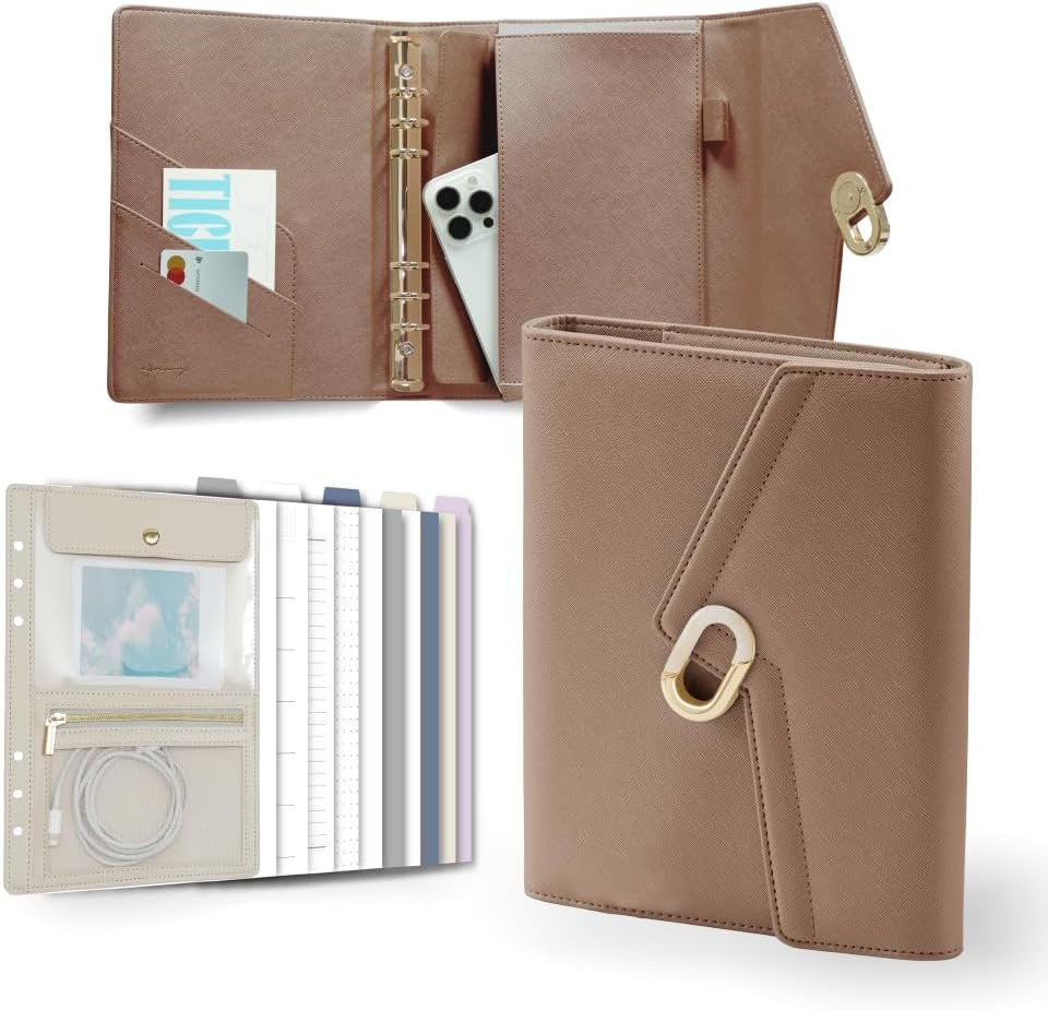 Lightning A5 PU Leather Planner 5.8″ x 8.3″, Refillable 6-Ring Binder with 80 Sheets, Dividers & Removable Zip Pouch – Stylish Organizer for Work & Everyday Use