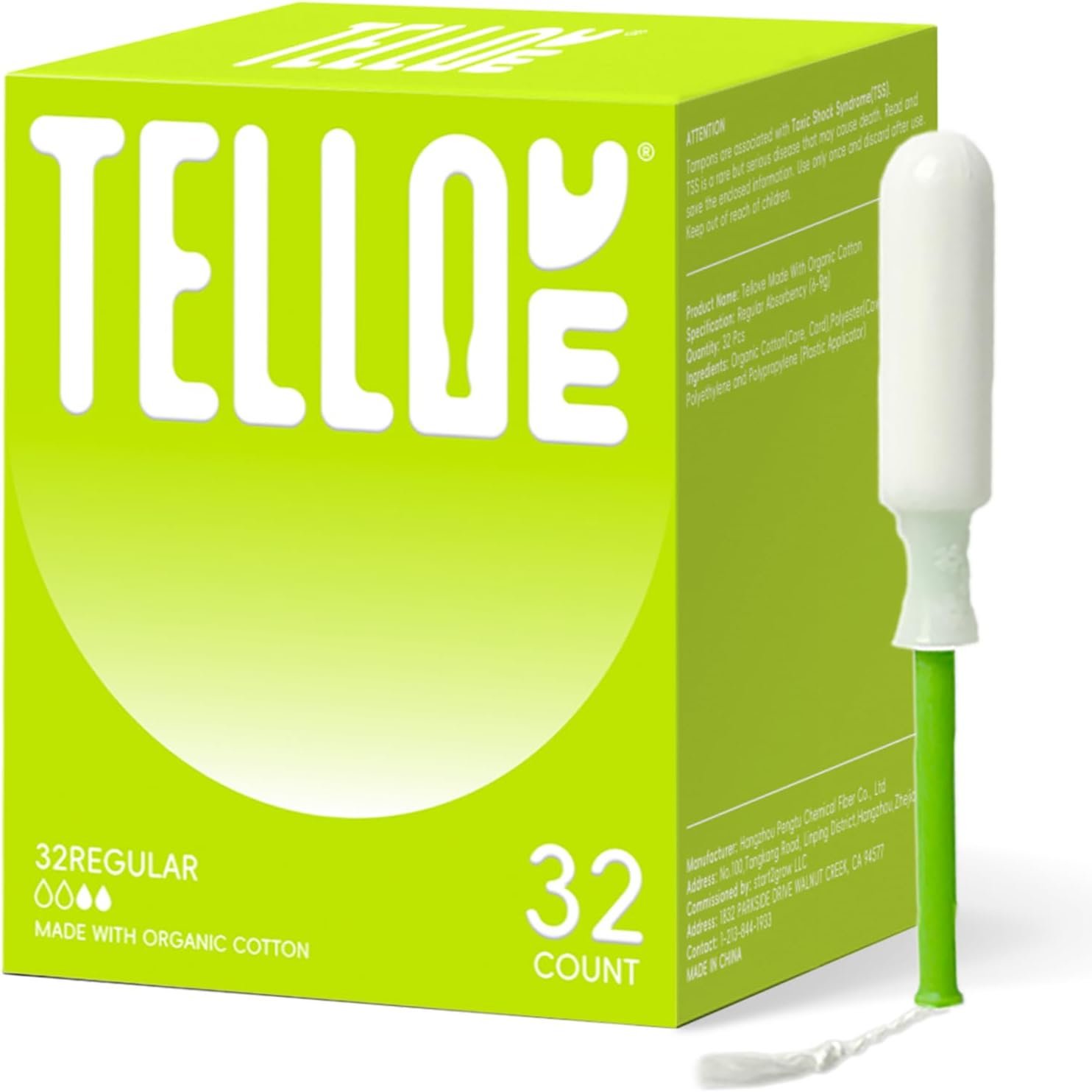Tellove Tampons with 100% Organic Cotton Core, 32 Count (32 Regular Tampons), Featuring 360° Comfort-Expand Leakproof Technology with Comfort BPA-Free Applicator, Gentle on Sensitive Skin