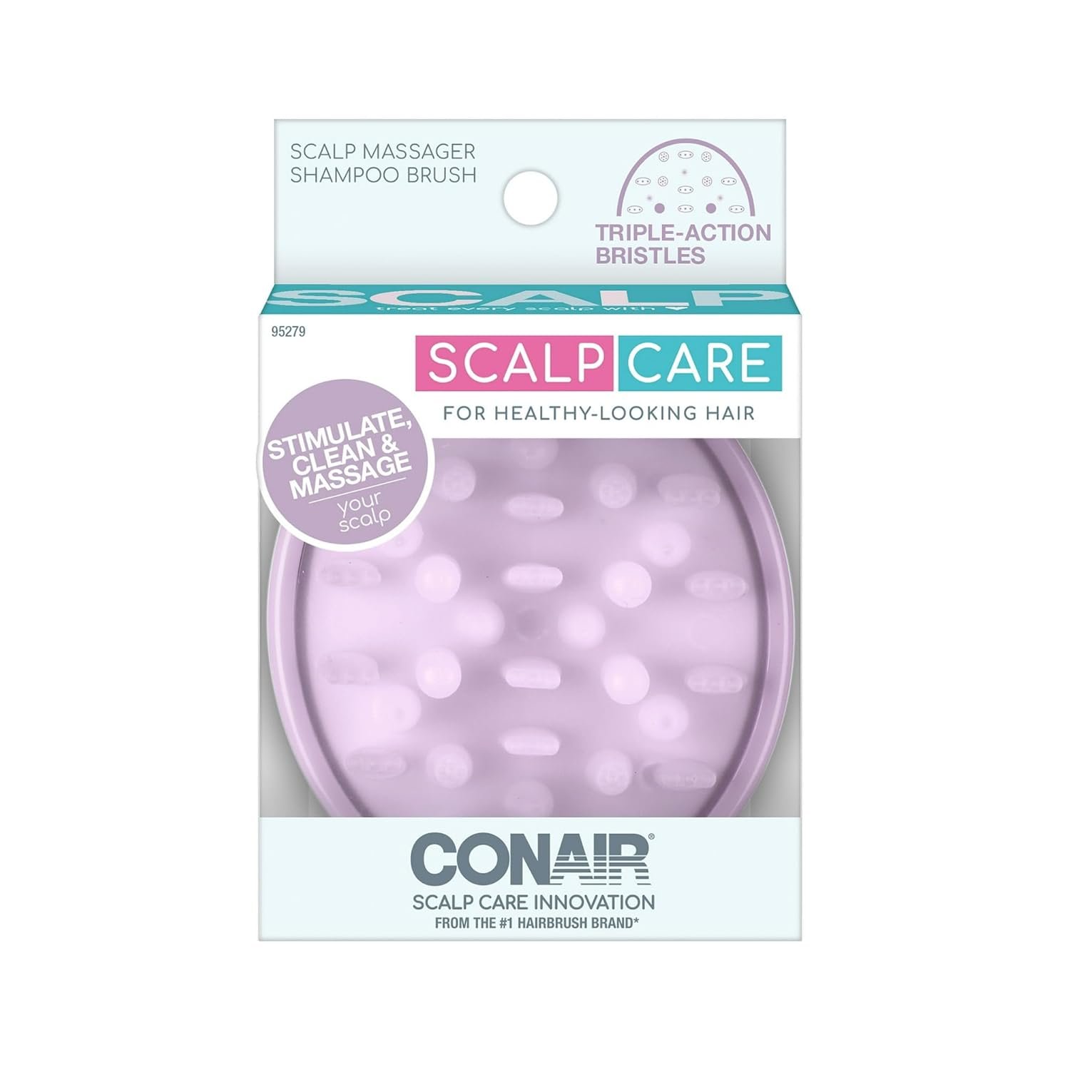 Conair Scalp Care Shampoo Brush, Scalp Massager with Triple-Action Bristles, Deep Cleansing & Exfoliating, Stimulates Circulation for Healthy Hair, Ergonomic Grip, Shower-Friendly, Purple, 1 Count
