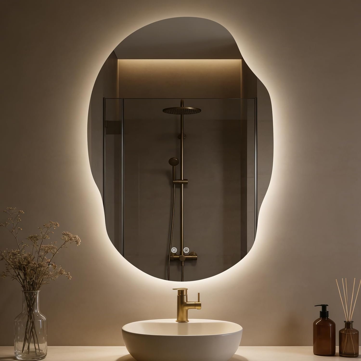 WallBeyond Backlit LED Bathroom Vanity Mirror with Lights, Irregular Asymmetrical Design,45″ H x 32″ W, Anti-Fog, Dimmable 3 Color Lighting, Memory, Hardwired Mount, Supports Horizontal & Vertical