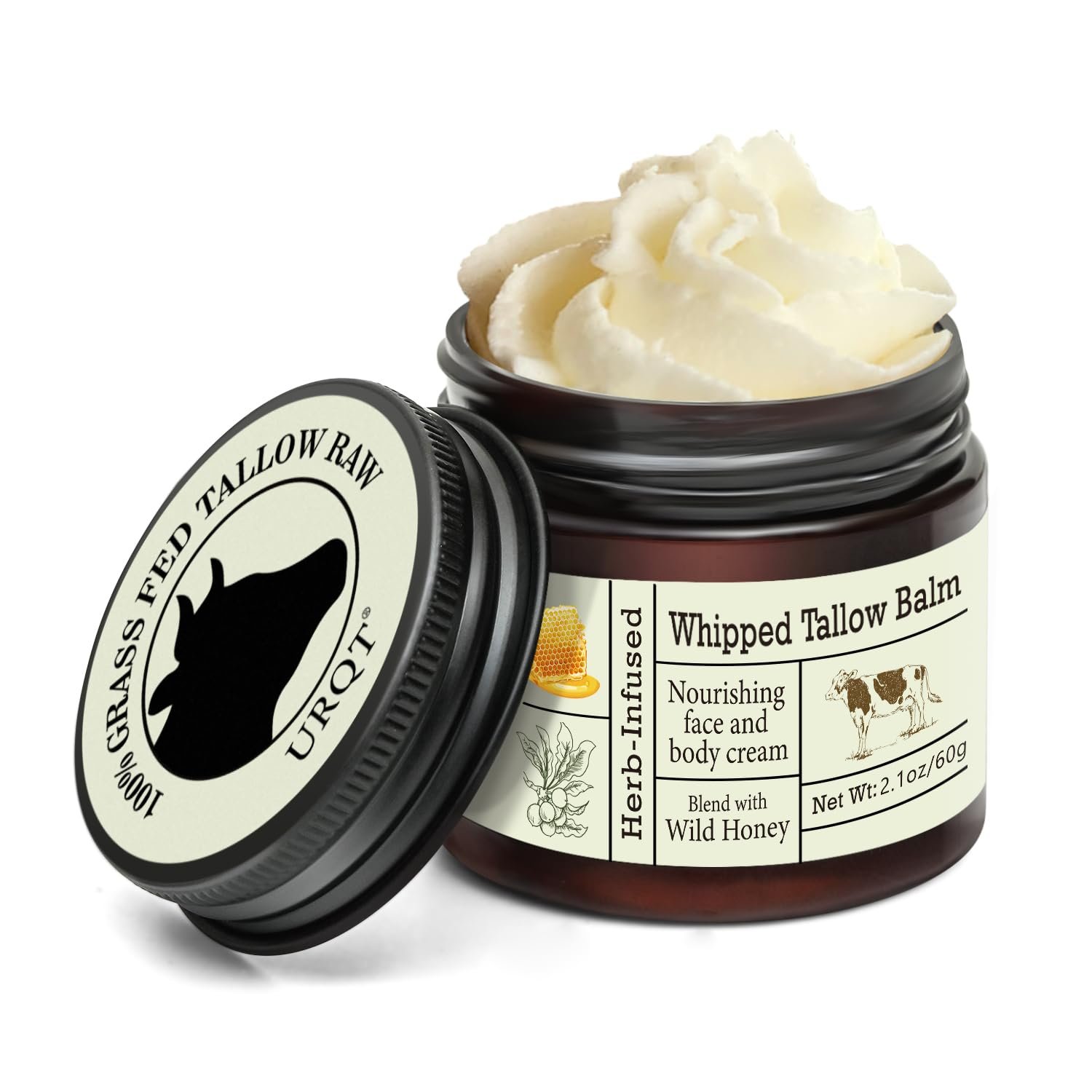 URQT Beef Tallow for Skin – Organic Grass-Fed Whipped Beef Tallow and Honey Balm – Deeply Moisturizing for Face & Body – Natural Skin Care for Soft, Supple Skin