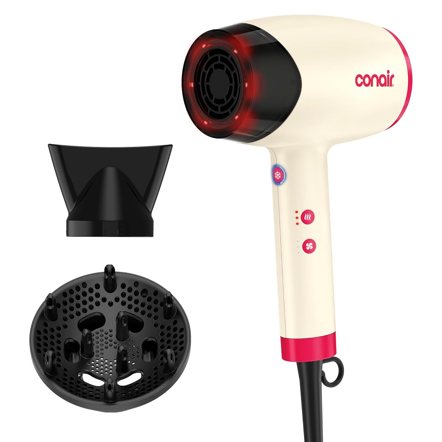 Infiniti PRO CONAIR LED Infrared Hair Dryer with Dual Ion Ceramic Technology, Anti-Frizz Ionic Blow Dryer, 3 Heat 3 Speed Settings, Professional Diffuser, White