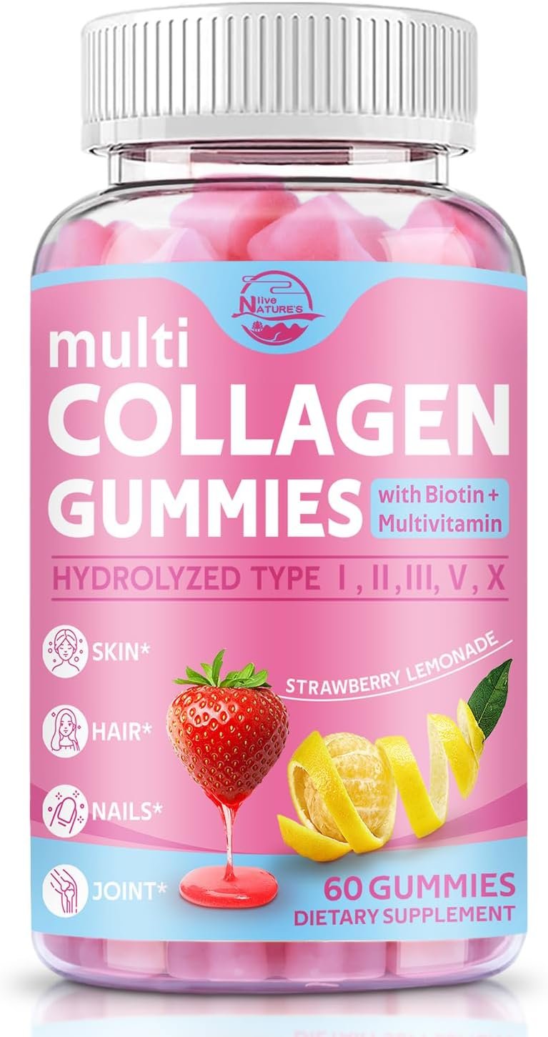 Nature’s live Multi Collagen Peptides Gummies, Type I, II, III, V, X – Hydrolyzed Collagen Peptides with Biotin, Hyaluronic Acid, Supports Healthy Skin, Strong Nails & Thick Hair, 60 Count, 1 Pack