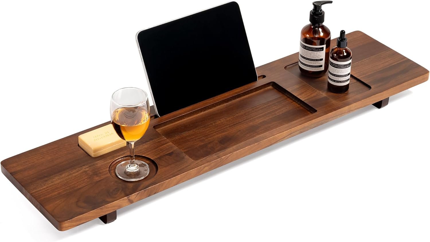 Luxury Teak Bathtub Caddy Tray – 35″ Expandable Bath Bridge for Freestanding & Standard Tubs – Water-Resistant Solid Wood Spa Organizer with Wine Glass, Phone Holder & Non-Slip Grips