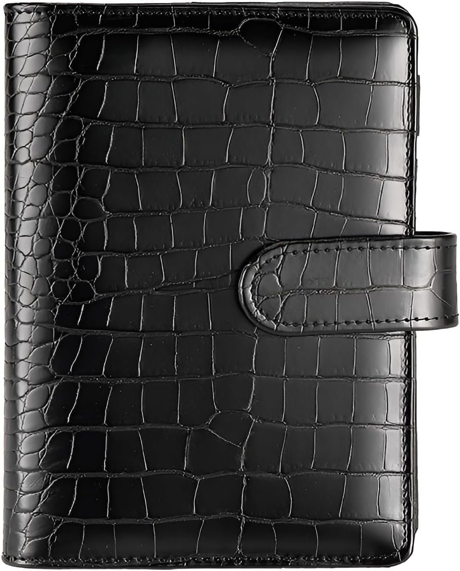 A5 6 Ring Binder Cover Crocodile – Large PU Leather Notebook Binder with Hidden Snap Buckle, Refillable Budget Planner, Black