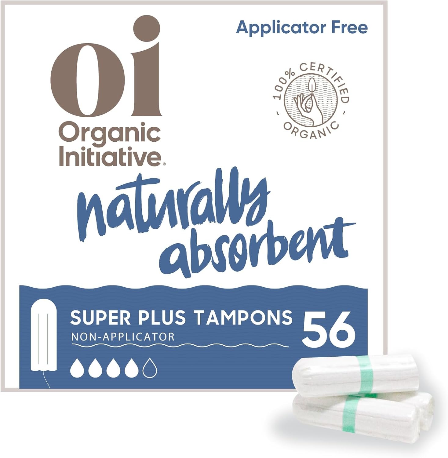 Oi | Organic Initiative – 100% Certified Organic Cotton Non-Applicator Tampons | Ultra-Absorbent, Unscented, Natural, Non-Toxic, Applicator Free | Super Plus | 56 Tampons