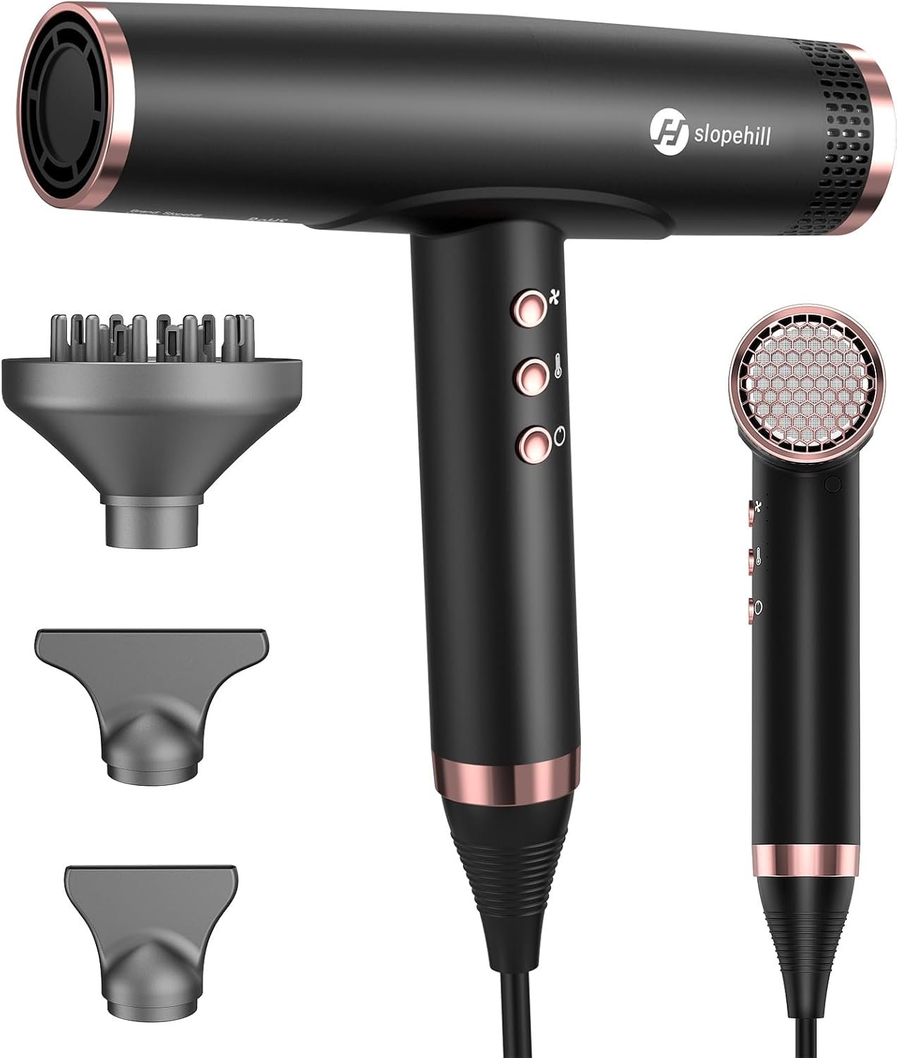 slopehill Professional Ionic Hair Dryer with Diffuser – Lightweight, Compact, Powerful & Fast Salon Blow Dryer with High Speed Brushless Motor for Travel, Women & Men Ceramic, Black LH1003