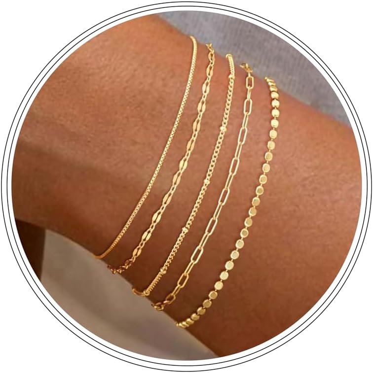 MBW Gold Bracelets for Women Trendy, Dainty 14K Gold Plated Bracelet Stack Beaded Chain Bracelet Set Thin Small Cute Paperclip Bracelets Fashion Waterproof Jewelry Gift Gold Accessories for Women