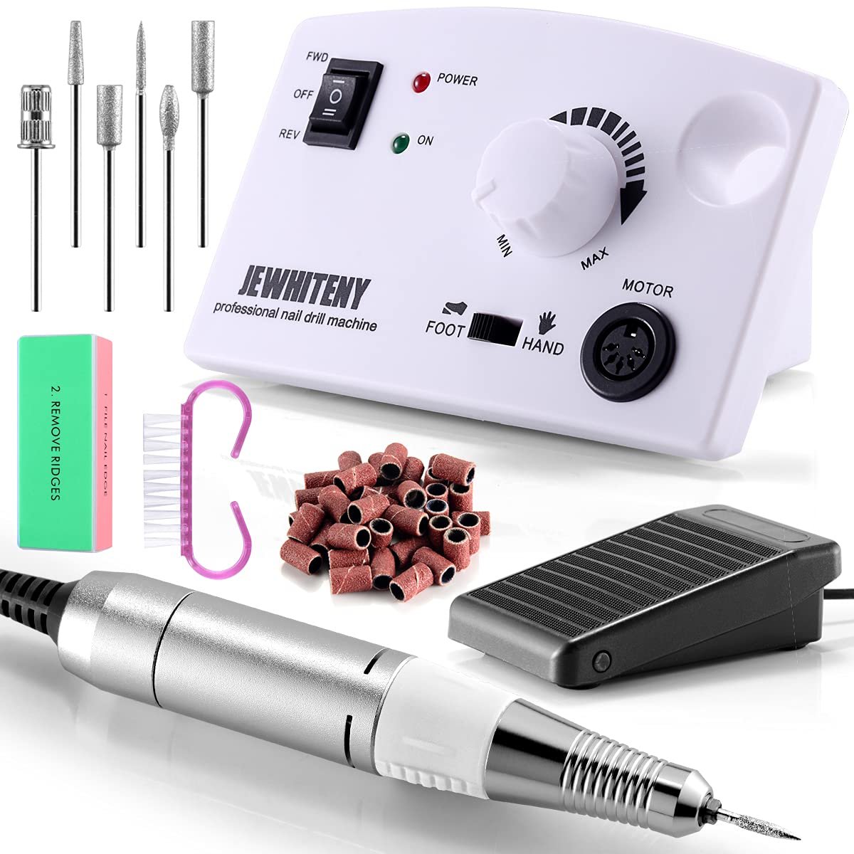 JEWHITENY Professional Nail Drill Machine 30000RPM Light Electric Acrylic Nail File Kits for Remove Nail Gel Polish Nail Drills for Acrylic Nails Design for Home Salon Use 110-240V(White)