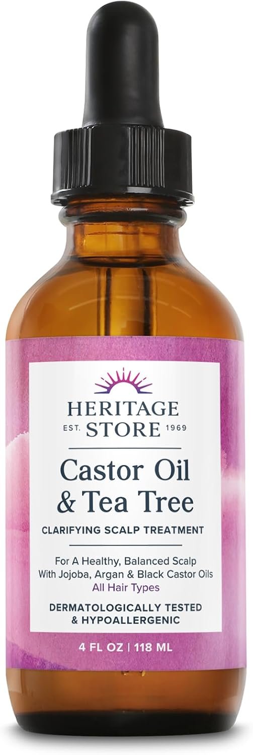 HERITAGE STORE Castor Oil & Tea Tree Oil Clarifying Scalp Treatment – Hair and Scalp Oil – w/Black Castor Oil, Organic Castor Oil, Jojoba Oil, Argan Oil – Hypoallergenic, Vegan, 60-Day Guarantee, 4oz