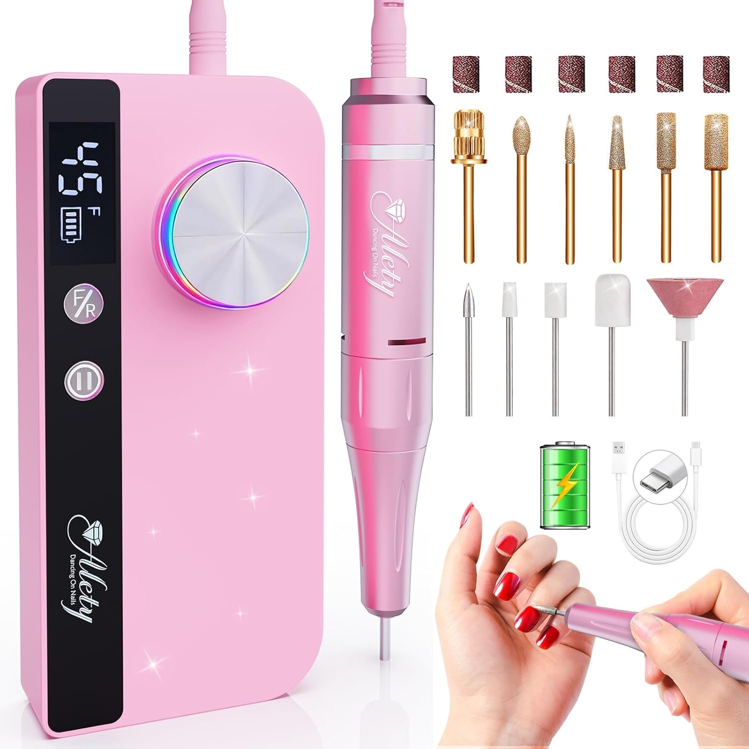 Alety Nail Drill Professional 45000RPM Electric Nail File Kit, Upgraded AC450F Nail Drill Machine for Acrylic Gel Nails, Rechargeable Salon-Grade E-File Set, Manicure Nail Tools with 11 Gold Bits