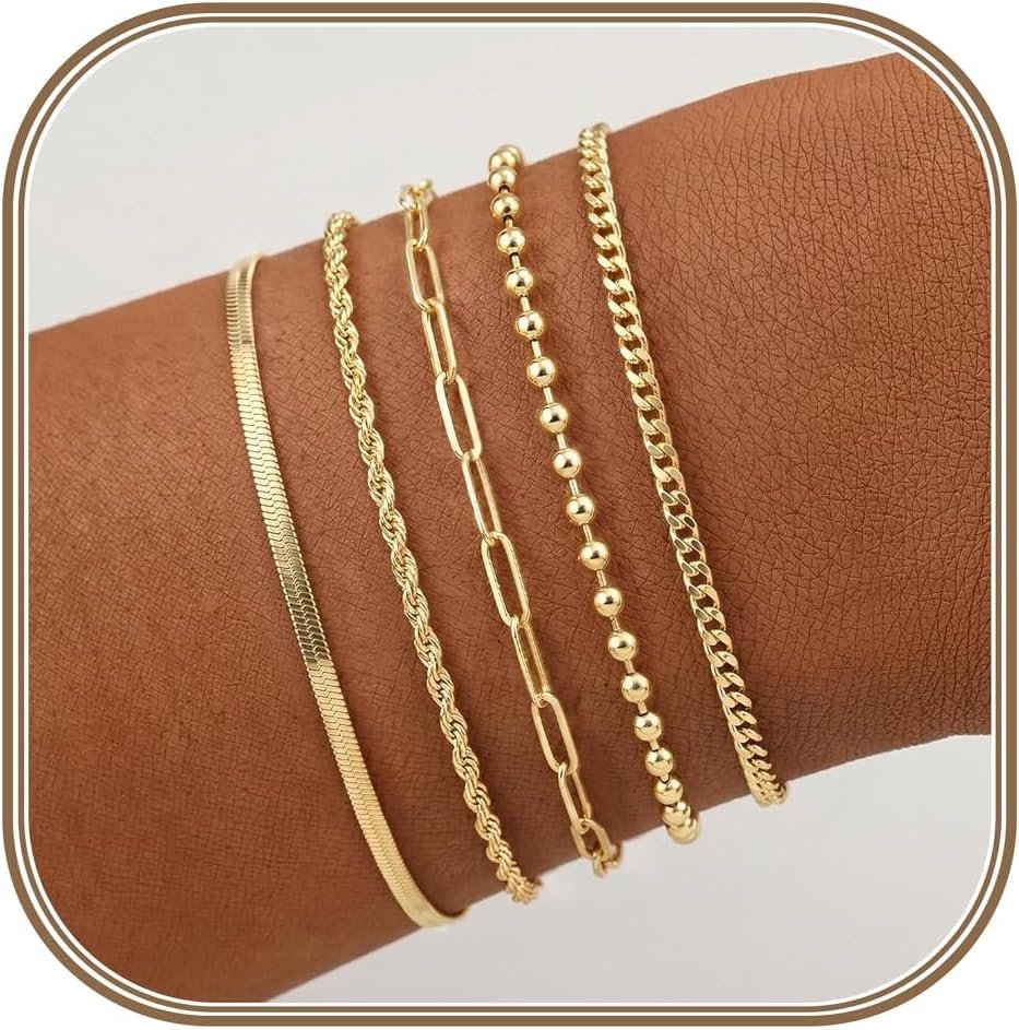 Gold Bracelets Set for Women Stack, Chunky Thick Bracelets Stack for Women Trendy, Simple Dainty Thin Gold Plated Cuff Stackable Bracelets With Beaded Cuban Paperclip Snake Rope Bangle Hand Chain Jewelry