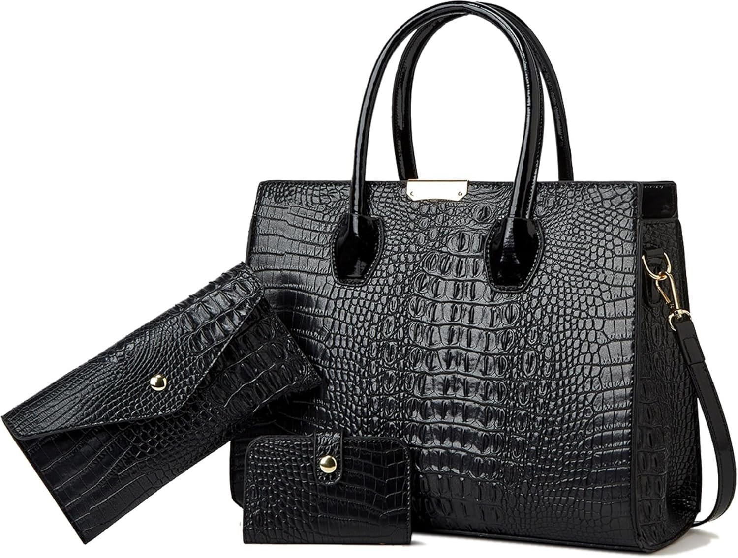 KingTo Women’s Bag 3 Pcs Set Luxury Crocodile Pattern Tote Handbag Vegan Leather Wallet Card Top Handle Satchel Purse Set