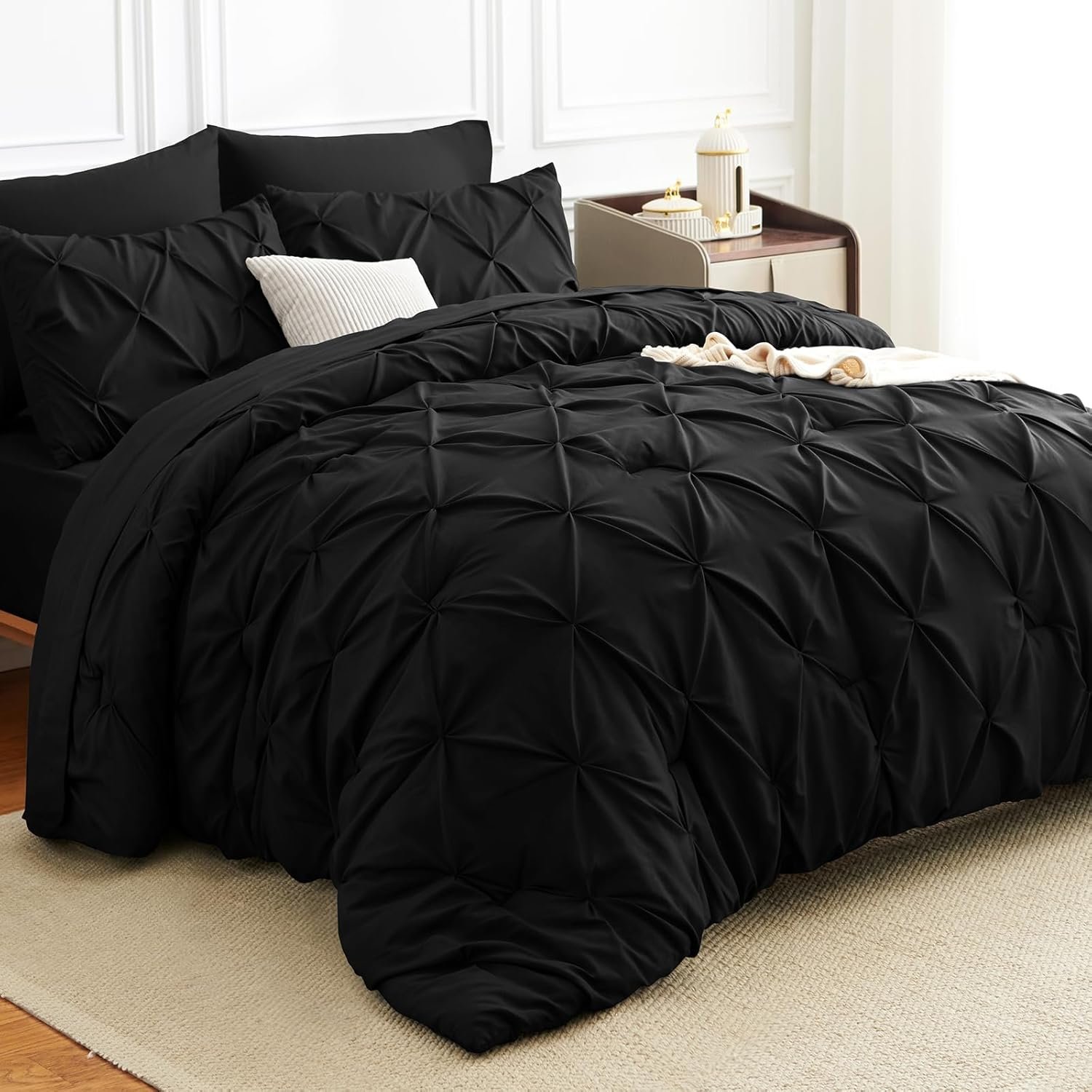 Queen Comforter Set Black – 7 Pieces Pintuck Bed in a Bag, Pinch Pleat Modern Room Decor, All-Season Soft Bedding Gift with Comforter, Sheets, Pillowcases & Shams