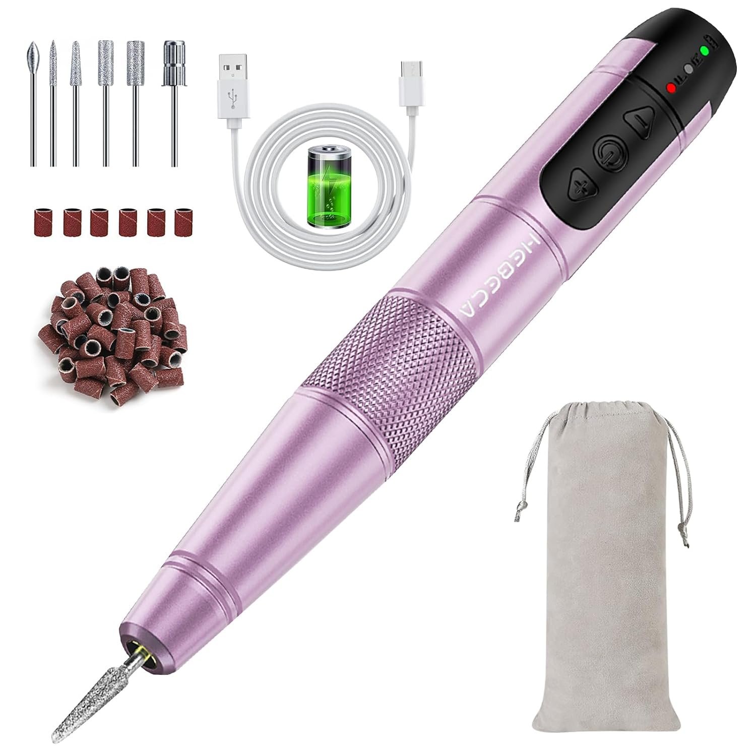 HEBECA Cordless Nail Drill Set, Electric Nail Files and Buffers Drill Nails for Natural or Acrylic Gel Nails – Rechargeable Nail File Nail Drill Machine Manicure Nail Dremel Kit (Purple)