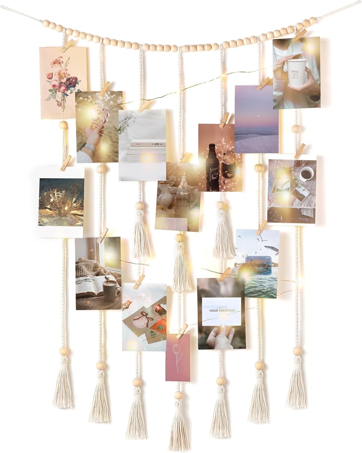 Mkono Macrame Hanging Photo Display Wall Decor with String Lights Boho Room Bedroom Wooden Beads Garland Picture Greeting Cards Holder with 30 Clips